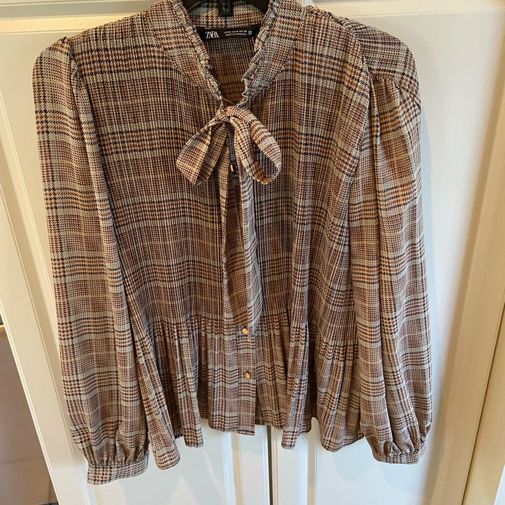 Zara Medium pleated ruffled neck blouse with bow tie